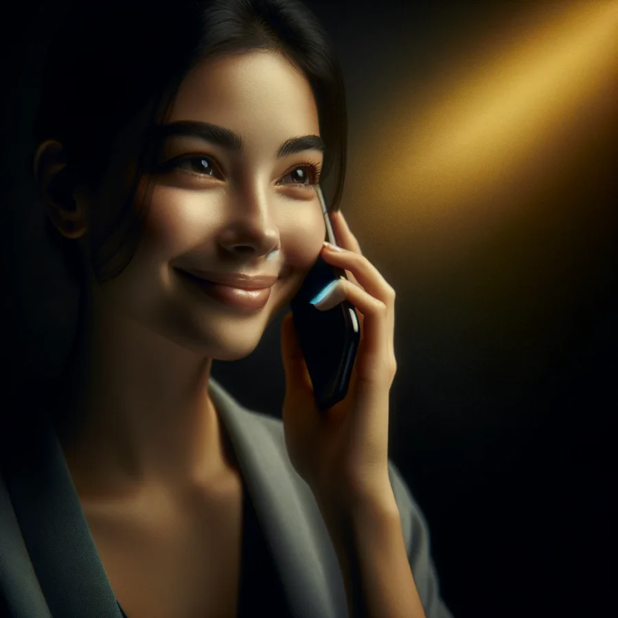 An image of a content customer smiling gently while talking on the phone, set against a black background with subtle yellow highlights.